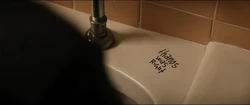 Pro- graffiti in the bathroom at the Lunt-Fontanne Theatre