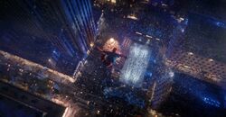 Spider-Man swinging over the Rockefeller Center