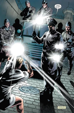 The Soviet patrol led by a Hydra officer on the streets of East Berlin