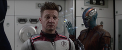 Hawkeye wearing time travel suit