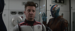 Hawkeye wearing time travel suit