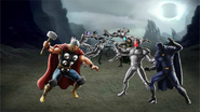 Thor, Ultron and Black Panther in Svartalfheim while Ultron-5 and Loki fight Malekith