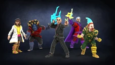 The staff of the Xavier Insititute for Higher Learning in the Joint Venture Universe. Left to right: Moira Kinross, Beast, Charles Xavier, Magneto, and Banshee.