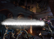 Bastion firing a blast at the time-travellers