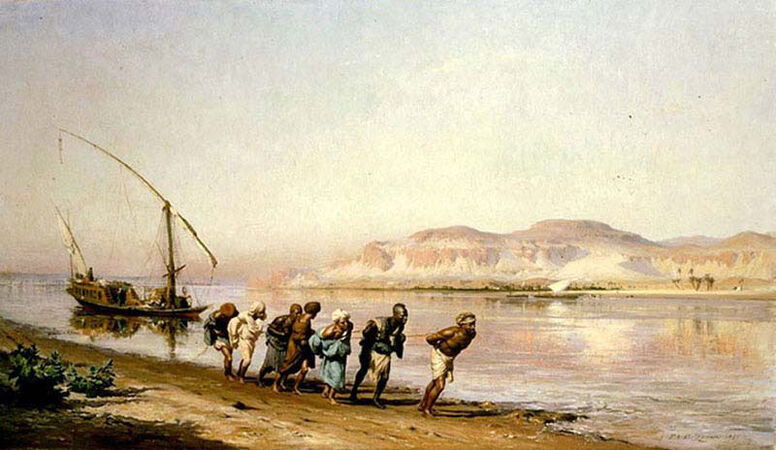 The painting that inspired the arms' hauling on the Nile: Towing on the Nile by Frederick Arthur Bridgman