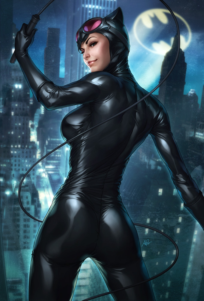 catwoman on skyscraper roof, leather costume