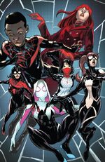 Miles Morales (Earth-1610), Julia Carpenter (Earth-616), Gwendolyn Stacy (Earth-65), Aña Corazón (Earth-616), Cindy Moon (Earth-616) and Jessica Drew (Earth-616) from Amazing Spider-Man Vol 5 44 001