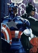 Captain America and Batman in the rain.