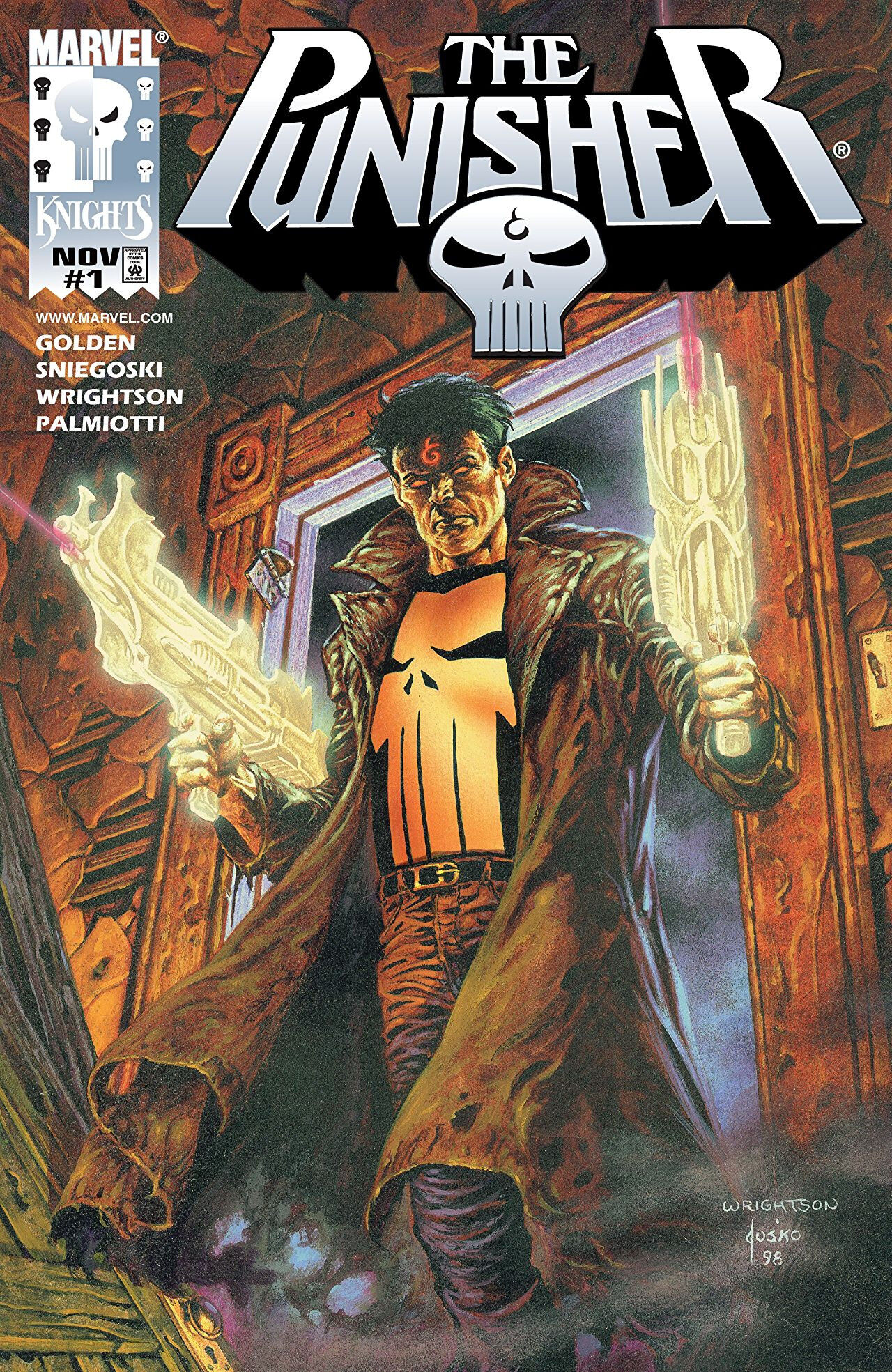 Marvel did NOT abandon the Punisher skull. Frank merely changed his costume  to reflect his different state of mind in this story. Here is Ares (in the  original skull) mourning the Frank