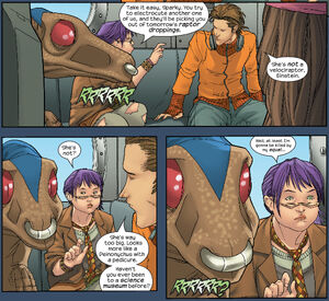 Gertrude Yorkes (Earth-616), Old Lace (Earth-93183), and Victor Mancha (Earth-616) from Runaways Vol 2 3 001