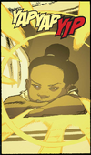 Preschool Monica Rambeau, looking annoyed, using light powers from a window.