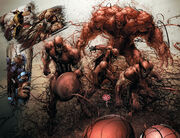 Steven Rogers (Earth-616), Clinton Barton (Earth-616), Benjamin Grimm (Earth-616), James Howlett (Earth-616) and Carnage (Symbiote) (Earth-616) from Carnage, U.S.A