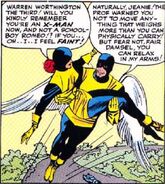 Warren flying with Jean Grey in his arms.