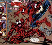 Cletus Kasady (Earth-616), Carnage (Symbiote) (Earth-616), and Peter Parker (Earth-616) from Web of Spider-Man Vol 1 101 001