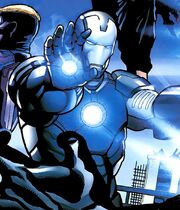 Antonio Stark (Earth-1610) and Iron Man Armor (New Ultimates) (Earth-1610) from Ultimate New Ultimates Vol 1 1 001