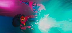Jessica Drew (Earth-332) and Miguel O'Hara (Earth-928B) from Spider-Man Across the Spider-Verse 001