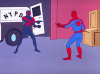 Peter Parker (Earth-67) and Miguel O'Hara (Earth-928B) from Spider-Man Into the Spider-Verse 001
