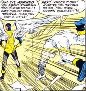 Warren flaps his wings and sends Iceman across the room.