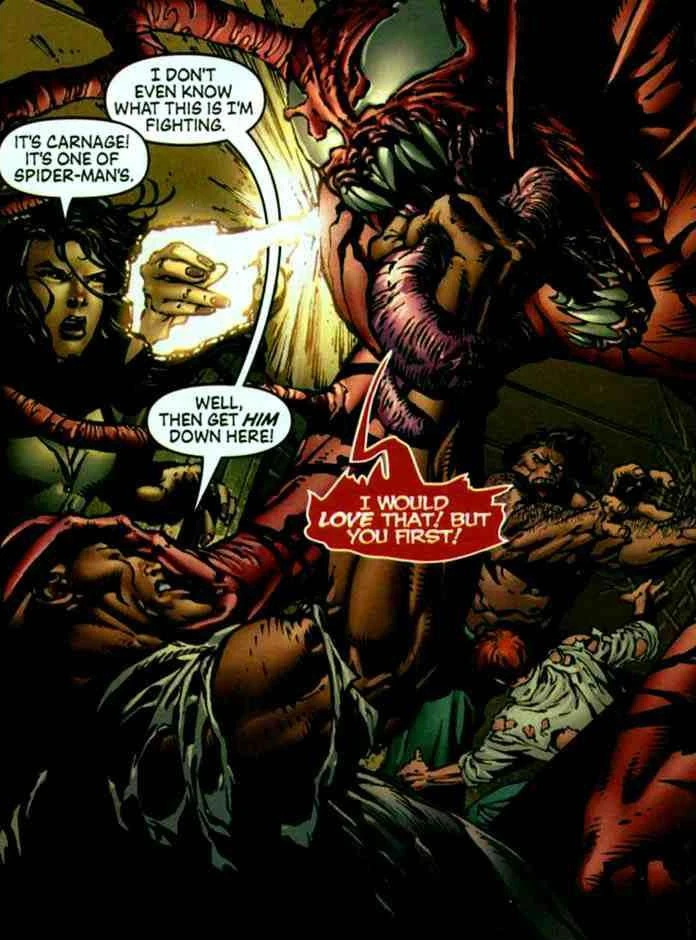 Cletus Kasady (Earth-616), Carnage (Symbiote) (Earth-616), Jessica Drew (Earth-616), and Lucas Cage (Earth-616) from New Avengers Vol 1 2 001