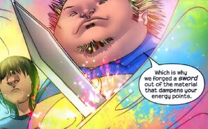 Stretch (Earth-616) and Hunter (Pride) (Earth-616) with Stretch's Sword from Runaways Vol 2 17 001