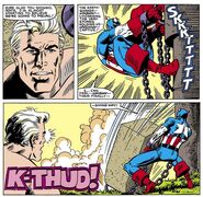 Rogers removing a stone block while Captain Britain watches in Captain America #306