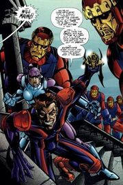 William Magnus (Earth-9602), Jocasta (Earth-9602), and Sentinels from JLX Vol 1 1 001