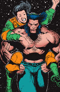 Being carried by Logan after escaping Bastion, in Wolverine (Vol. 2) #117