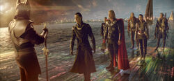 Heimdall (Earth-199999), Thor Odinson (Earth-199999), Loki Laufeyson (Earth-199999), Sif (Earth-199999), and Warriors Three (Earth-199999) from Thor (film) 001