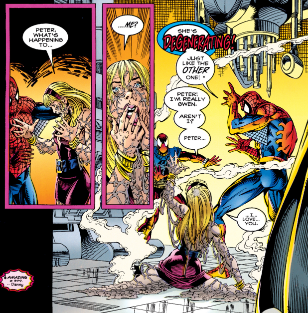 Peter Parker (Earth-616), Gwen Stacy Clone (Earth-616), and Ben Reilly (Earth-616) from Spider-Man Vol 1 56 001.png