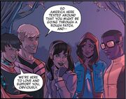 William Kaplan (Earth-616), Theodore Altman (Earth-616), Katherine Bishop (Earth-616), America Chavez (Earth-616) and David Alleyne (Earth-616) from Civil War II Choosing Sides Vol 1 3