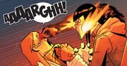 Alejandra Jones (Earth-15513) stabbing Arcade (Earth-15513) in the eyes from Ghost Racers Vol 1 4