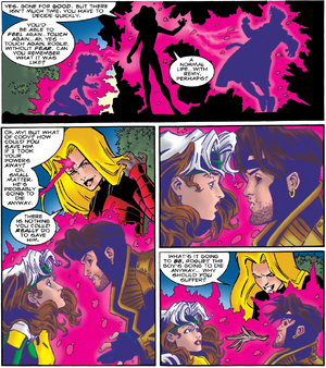 Candra (Earth-616) vs. Remy LeBeau (Earth-616) and Rogue (Anna Marie) (Earth-616) from Rogue Vol 1 4 001