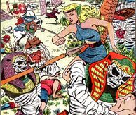 Aquaria Neptunia (Earth-616) battling Tut-Ak-Mun (Earth-616) and his army of mummies from Namora Vol 1 2