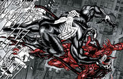 Dylan Brock (Earth-Unknown), Venom (Symbiote) (Earth-Unknown), Dylan Brock (Earth-Unknown) and Carnage (Symbiote) (Earth-Unknown) from Carnage Black, White & Blood Vol 1 4 001.jpg