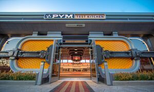 The Pym Test Kitchen is a restaurant that is built from one of Hank Pym's old labs. Food and furniture here is made up of Pym Particle-enlarged materials, such as giant-sized mobile phones for menus, and giant-sized spoons for bowls.[4]