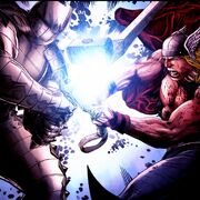 Thor Odinson (Earth-616) battles Odin in the Destroyer armor from Thor Man of War Vol 1 1