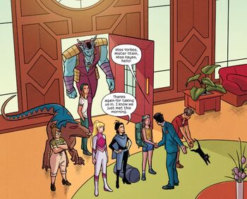 Runaways (Earth-616) and Doc Justice (Earth-616) in the Justice House from Runaways Vol 5 26 001