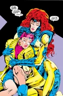 Jean Grey comforting Jubilee after Illyana's death