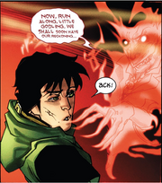 Loki Laufeyson (Kid Loki) (Earth-616) and Mephisto (Earth-616) from New Mutants Vol 3 43 0001