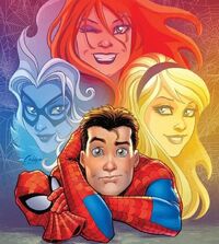 Peter Parker (Earth-616), Gwendolyne Stacy (Earth-616), Mary Jane Watson (Earth-616), and Felicia Hardy (Earth-616) from Secret Wars Vol 1 1 Conner Variant cover 001