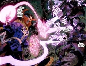 Tina Minoru (Earth-616) and Robert Minoru (Earth-616) battling Stephen Strange (Earth-616) from Iron Man Legacy Vol 1 11 001