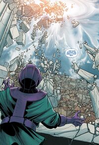 Kang Dynasty (Earth-6311) being destroyed from Uncanny Avengers Vol 1 12