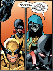 James Howlett (Earth-616), Jean Grey (Earth-616), María Aracely Penalba (Earth-616), and Kaine Parker (Earth-616) from Scarlet Spider Vol 2 17 001.png