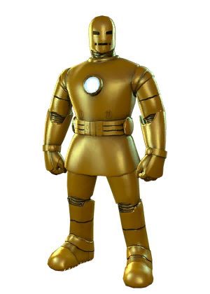 White and gold Iron Man suit, metallic sheen, intric...