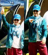 Robert Downey Jr. stepping off a helicopter near Dover Castle in Kent