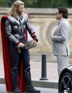 Robert Downey Jr.'s Tony Stark on set with Chris Hemsworth's Thor.