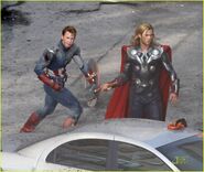 Thor and Captain America on set.