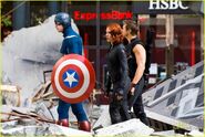 Scarlett Johansson, Chris Evans and Jeremy Renner on set as Black Widow, Captain America and Hawkeye.