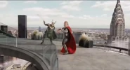 Thor fighting Loki on top of Stark Tower.