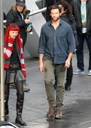 Rila Fukushima and Hugh Jackman on set.